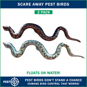 PESTEZE® Brown & Green 39 Inch Realistic Inflatable Snakes [2 Pack] Scares Pest Birds  like Woodpeckers, Sparrows, Pigeons, Crows, Gulls & Critters from Pools & Yards without Harming them to Protect Property
