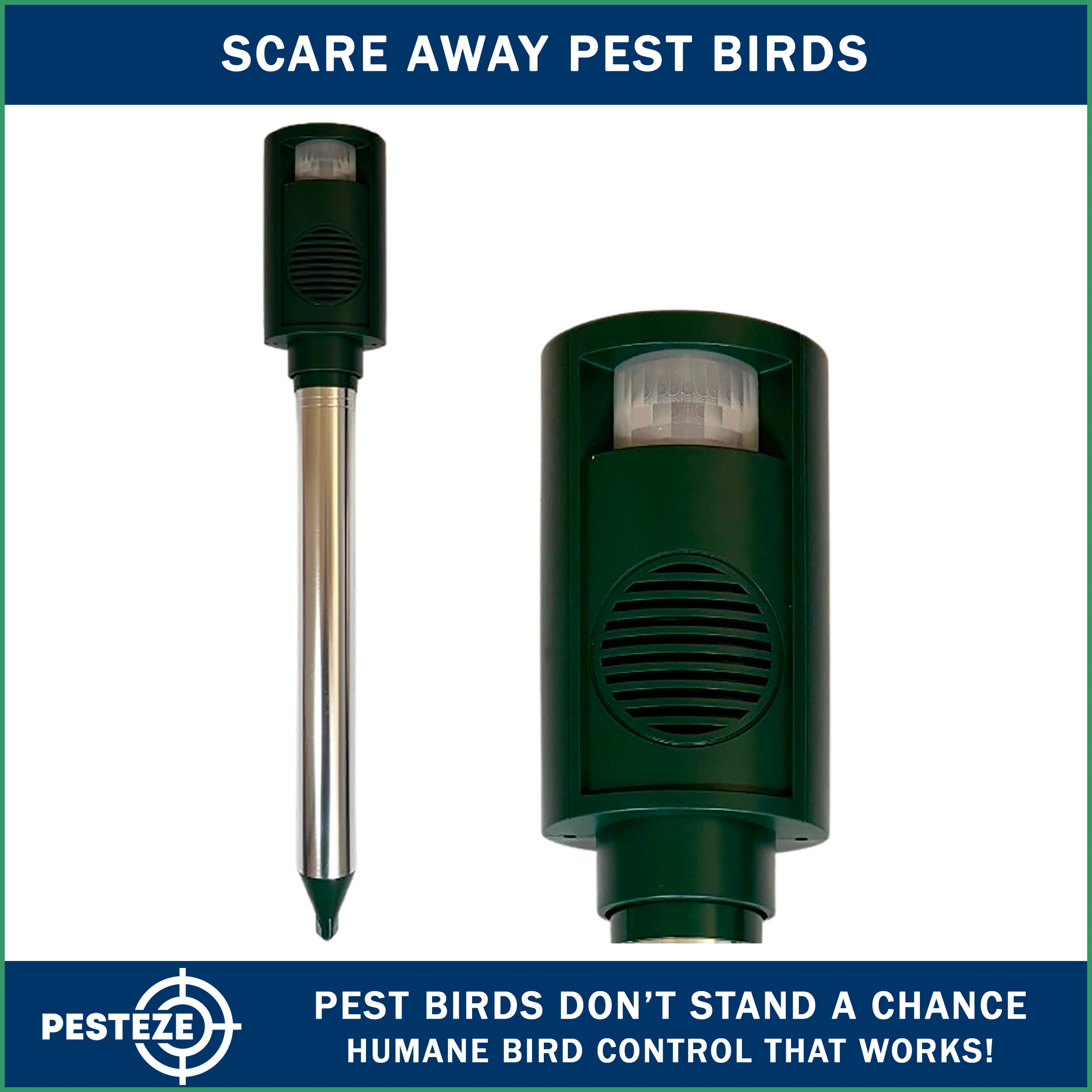 PESTEZE® Battery Bird Sound Repeller. Detects & Deters Pest Birds with Predator Sounds without Harming them to Protect Property. Use to Repel Woodpeckers, Pigeons, Crows, Ducks, Geese & Critters - Pesteze
