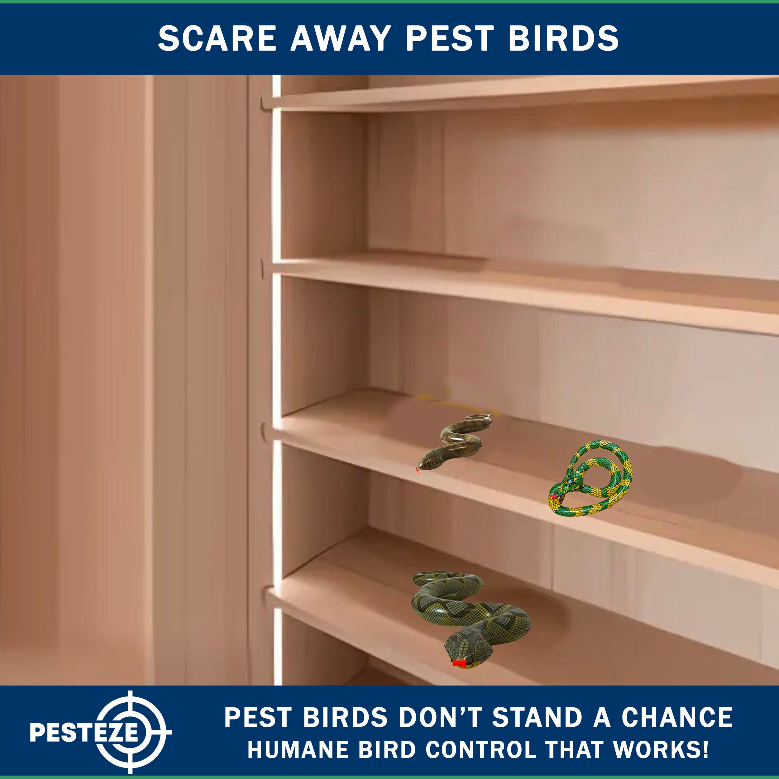 PESTEZE® USA 39 Inch Realistic Inflatable Snakes [3 Pack Multi-Color - 1 Grey-Green + 1 Brown + 1 Yellow-Green] Scares Pest Birds Like Ducks Woodpeckers, Sparrows, Pigeons, Crows, Gulls & Critters from Pools & Yard Without Harming them to Protect Property