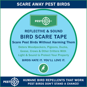 PESTEZE® Holographic Dual Sided Reflective & Sound Bird Scare Tape [1 Inch x 295 ft] Use in Yards & Farms to Protect Vegetables, Fruits, Crops & Buildings from Pest Birds & Critters without Harming them