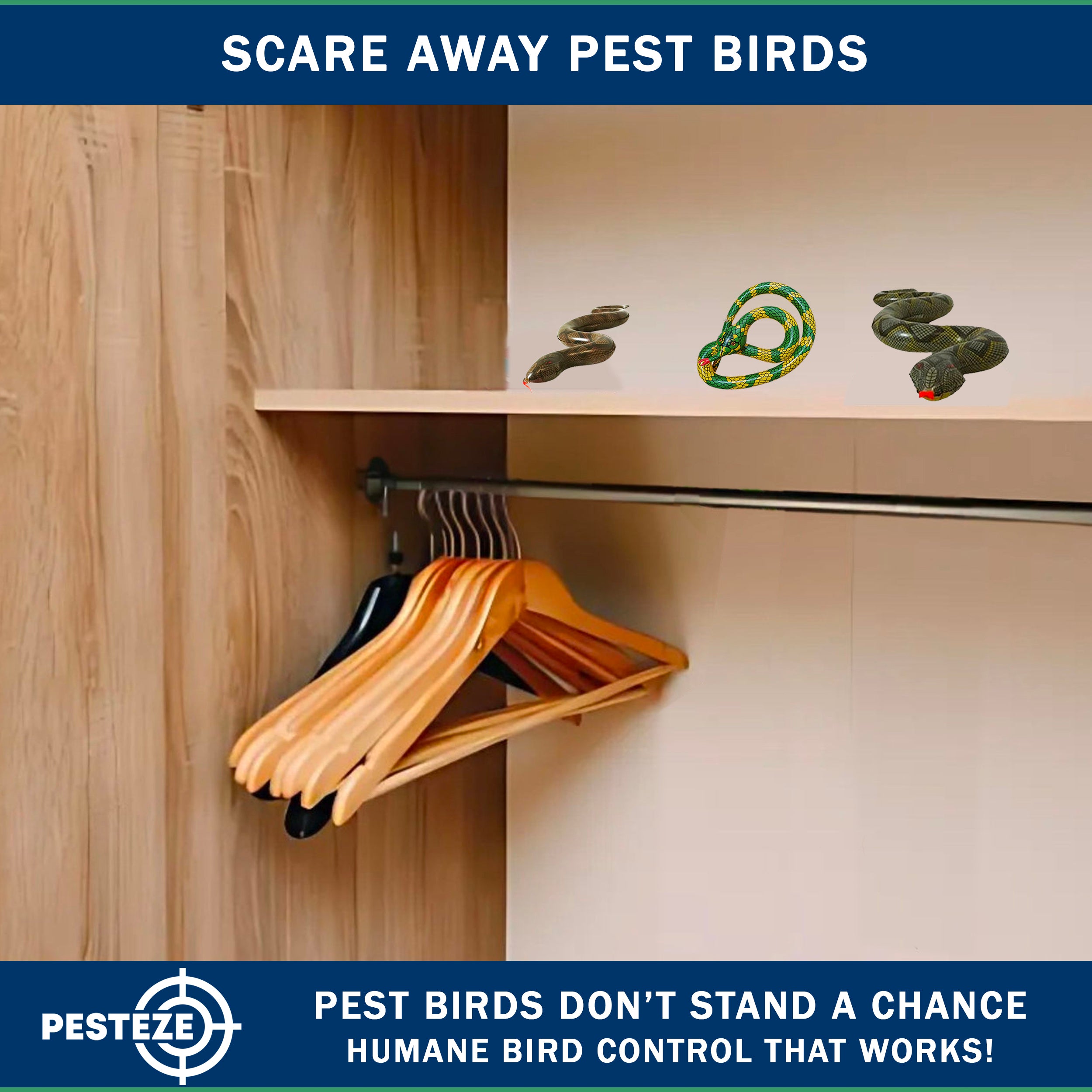 PESTEZE® USA 39 Inch Realistic Inflatable Snakes [3 Pack Multi-Color - 1 Grey-Green + 1 Brown + 1 Yellow-Green] Scares Pest Birds Like Ducks Woodpeckers, Sparrows, Pigeons, Crows, Gulls & Critters from Pools & Yard Without Harming them to Protect Property