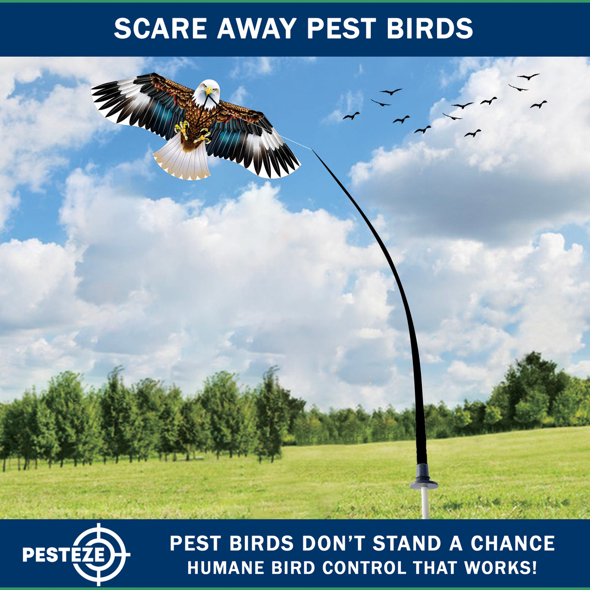 PESTEZE® USA Flying Hawk Bird Deterrent Kite, 13 ft Pole– Realistic 54x30 Inch Hawk Decoy Scare Device for Gardens, Yards, Boats & Farms– Repels Pest Birds like Crows, Pigeons, Seagulls, Geese Humanely
