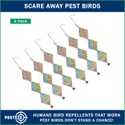 PESTEZE® USA Set of 3 Shiny Holographic Squares with Bell [6 Pack, 3.25 x 18.5 inch] Reflection Predators Pest Birds like Woodpeckers, Sparrows, Pigeons, Crows & Gulls without Harming them to Protect Property