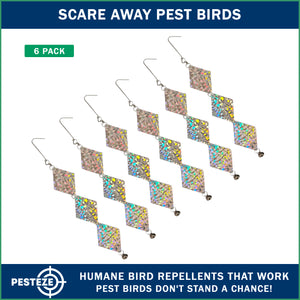PESTEZE® USA Set of 3 Shiny Holographic Squares with Bell [6 Pack, 3.25 x 18.5 inch] Reflection Predators Pest Birds like Woodpeckers, Sparrows, Pigeons, Crows & Gulls without Harming them to Protect Property