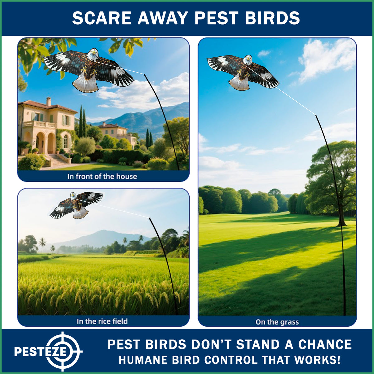 PESTEZE® USA Flying Hawk Bird Deterrent Kite, 13 ft Pole– Realistic 54x30 Inch Hawk Decoy Scare Device for Gardens, Yards, Boats & Farms– Repels Pest Birds like Crows, Pigeons, Seagulls, Geese Humanely