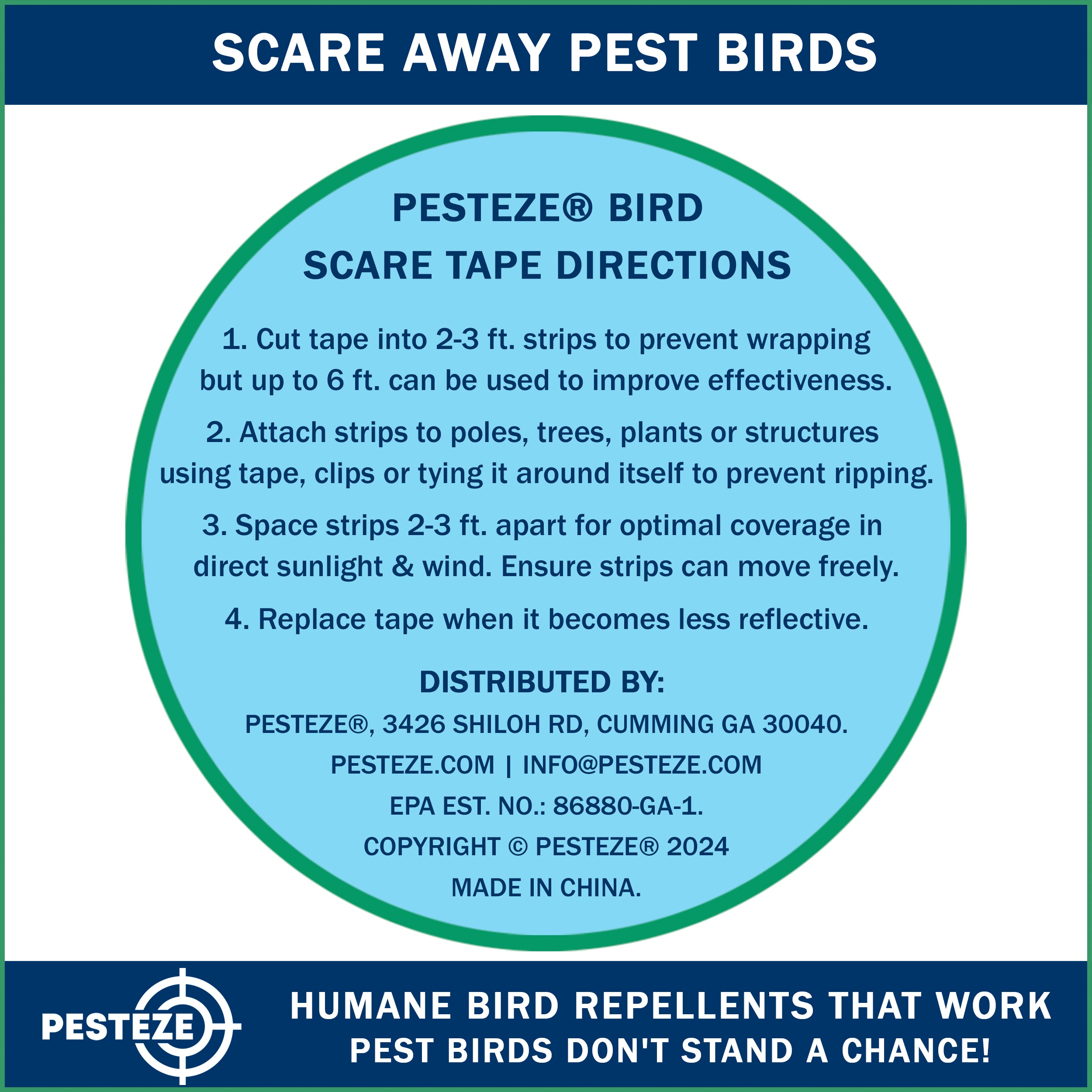PESTEZE® Holographic Dual Sided Reflective & Sound Bird Scare Tape [1 Inch x 295 ft] Use in Yards & Farms to Protect Vegetables, Fruits, Crops & Buildings from Pest Birds & Critters without Harming them