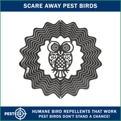 PESTEZE® Owl Stainless Steel Highly Reflective Decorative 3D Wind Spinner for Scaring Unwanted Pest Birds & Critters. 6 x 9 Inch Premium Shiny, Attractive, Sturdy, Everlasting & Humane Bird Control