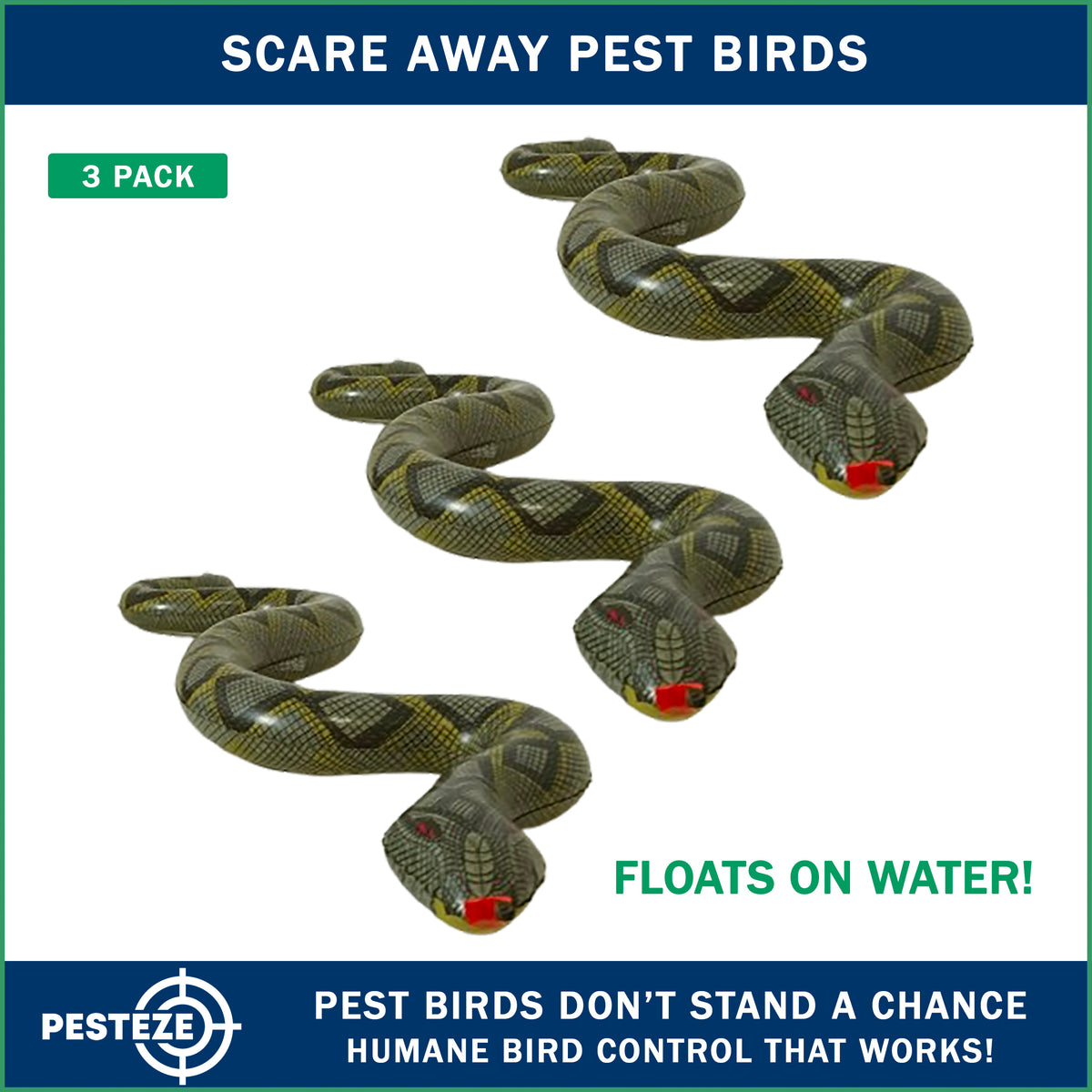 PESTEZE® USA Snake Decoy 3-Pack Inflatable Snakes – Realistic Green 39 in Design Helps Deter Pest Birds & Critters from Pool, Garden, Lawn & Yards; Lightweight Fake Reptile for Safe Property Protection