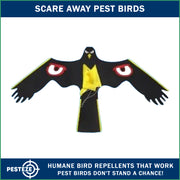 PESTEZE® Black Flying Hawk 54 x 30 Inch Kite with Predator Eyes & 13 ft Flagpole to Deter Birds. Use in Yards & Farms to Protect Vegetables, Fruits, Crops & Property from Pest Birds & Critters without Harming them