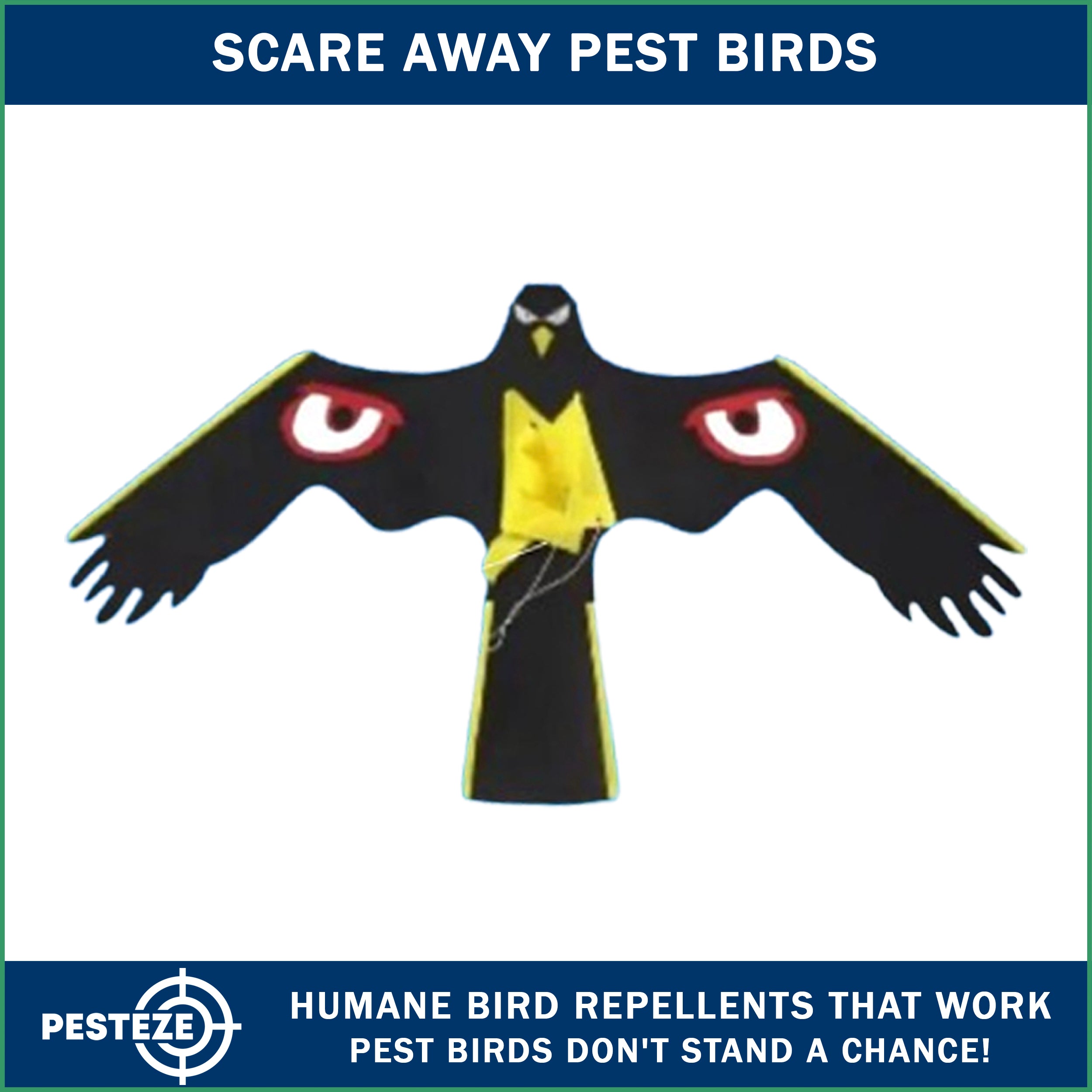 PESTEZE® Black Flying Hawk 54 x 30 Inch Kite with Predator Eyes & 13 ft Flagpole to Deter Birds. Use in Yards & Farms to Protect Vegetables, Fruits, Crops & Property from Pest Birds & Critters without Harming them