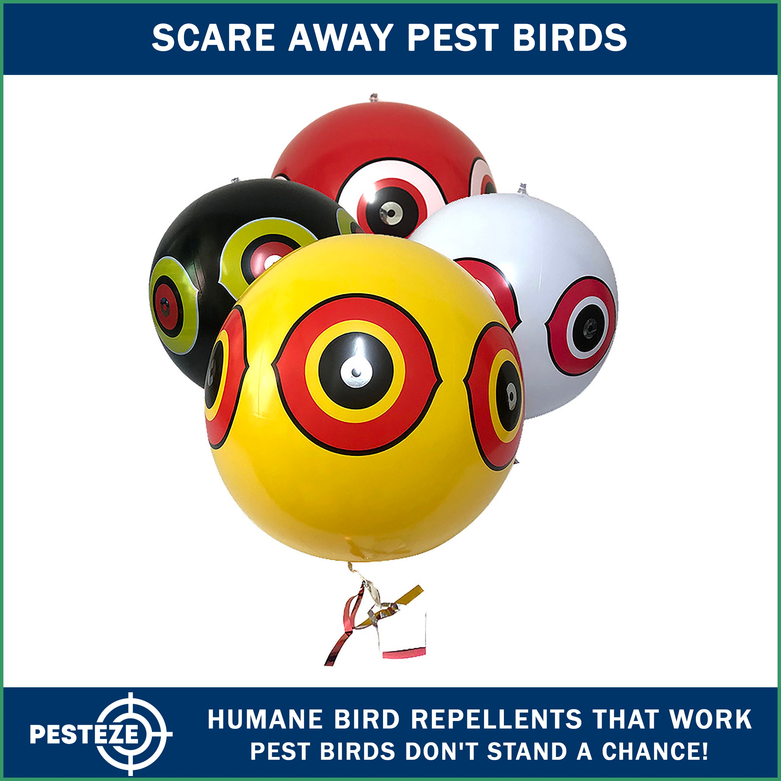 PESTEZE® Large 15" Yellow, Red, White & Black Bird Predator-Eye Balloon Deterrents [4 Pack Multi-Color] Repels Unwanted Pest Birds like Pigeons, Gulls, Geese & Critters from Pools & Yards Without Harming Them To Protect Property