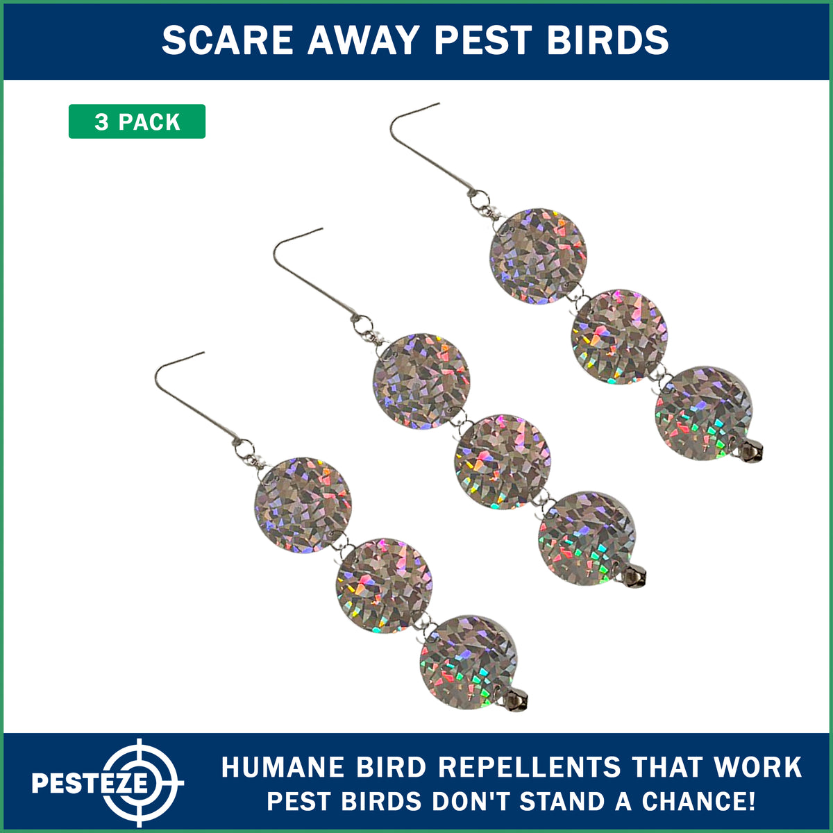 PESTEZE® USA Bird Deterrent Holographic Reflective Circles with Bell Hanging Repellent, 3 Pack 3 x 15 Inch Shiny Flash Scare Birds Away Outdoor for Porch Garden Yard Deck Balcony Roof Protection
