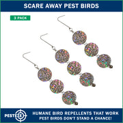 PESTEZE® USA Bird Deterrent Holographic Reflective Circles with Bell Hanging Repellent, 3 Pack 3 x 15 Inch Shiny Flash Scare Birds Away Outdoor for Porch Garden Yard Deck Balcony Roof Protection