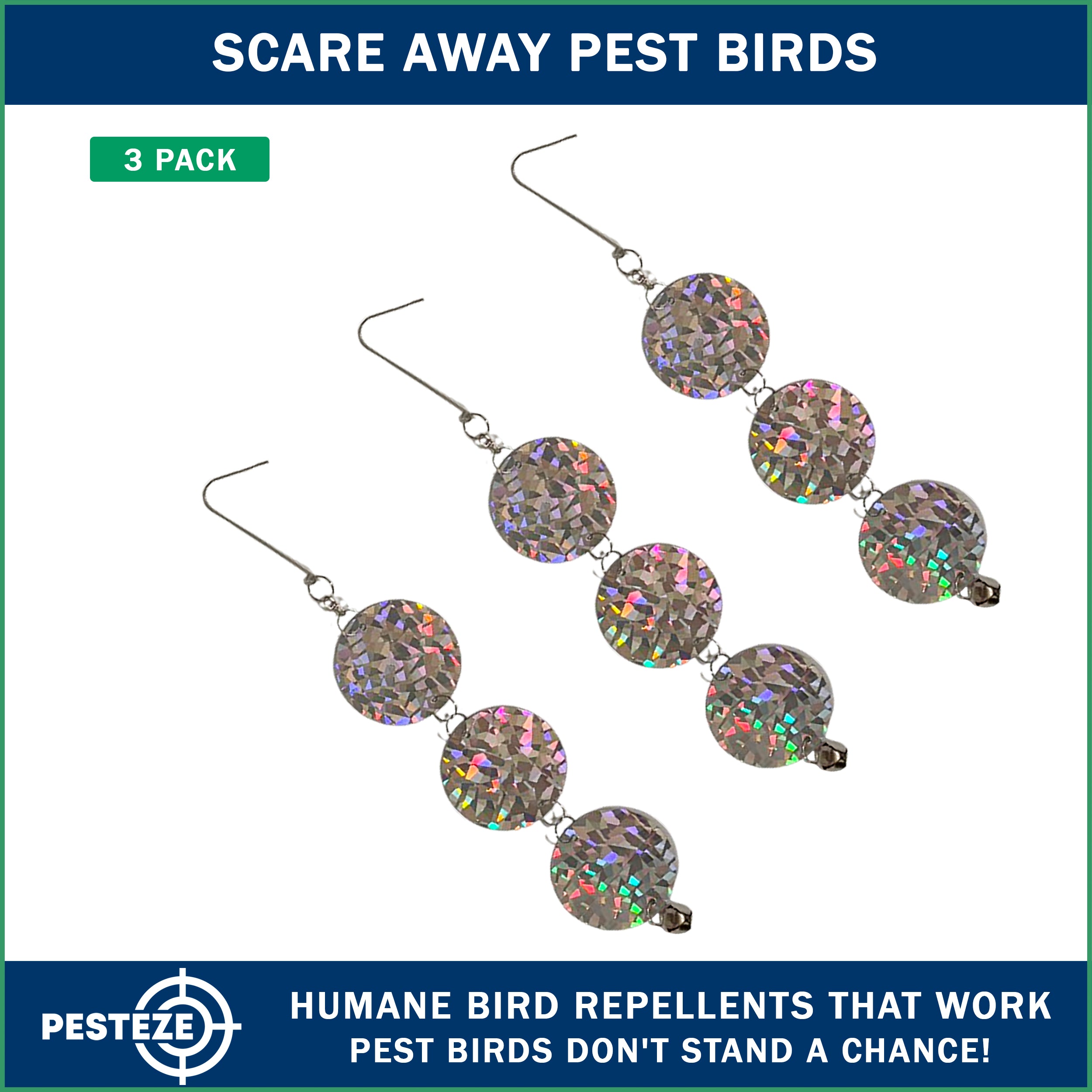 3 Pack PESTEZE® Set of 3 Holographic Shiny Circles with Bell [3 x 15 inch] Reflection Scares Pest Birds like Woodpeckers, Sparrows, Pigeons, Crows & Gulls without Harming them to Protect Property