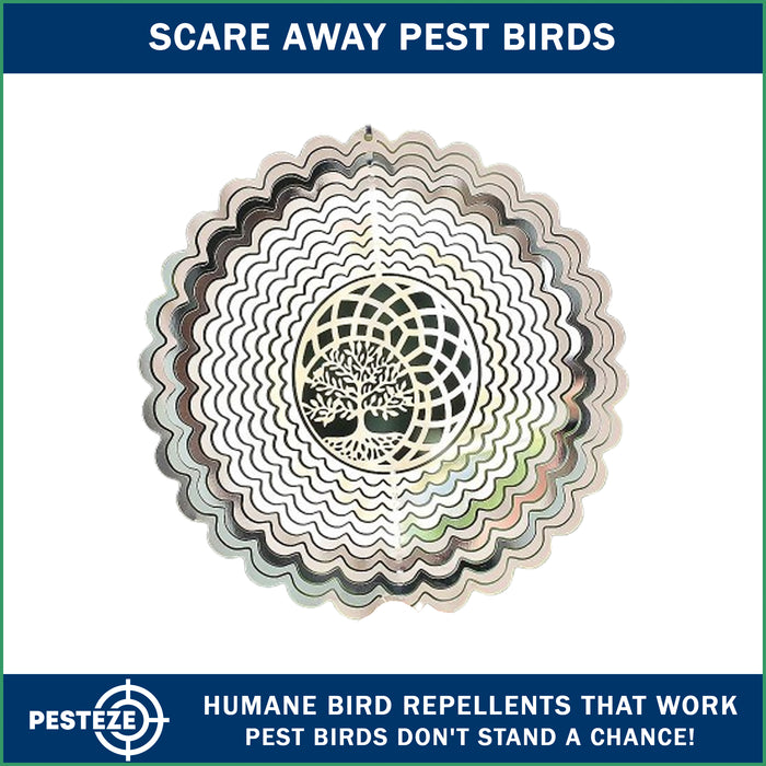 PESTEZE® Tree of Life Stainless Steel Highly Reflective Decorative 3D Wind Spinner for Deterring Unwanted Pest Birds & Critters. 6 x 9 Inch Premium Shiny, Beautiful, Everlasting & Sturdy Bird Control