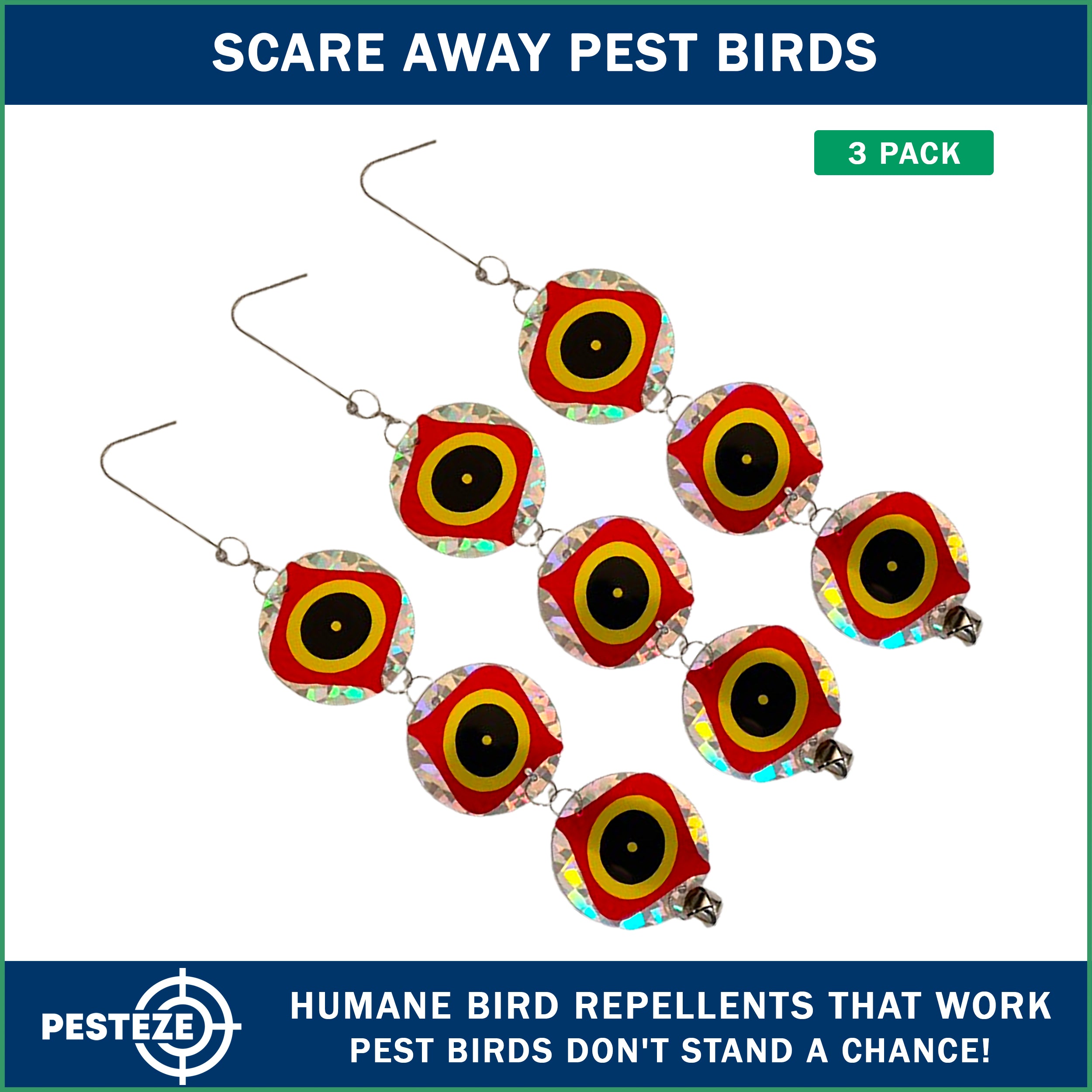 3 Pack PESTEZE® Set of 3 Holographic Shiny Circles with Predator Eyes & Bell [3 x 15 inch] Reflection Scares Pest Birds like Woodpeckers, Sparrows, Pigeons, Crows, Gulls & Critters without Harming them