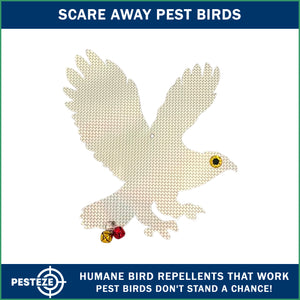 PESTEZE® Shiny Holographic Owl Bird Repellent with 2 Bells [12.5 x 16 inch] Sound & Reflection Deters Woodpeckers, Pigeons, Crows, Ducks, Geese & Critters from Yards without Harming them to Protect Property