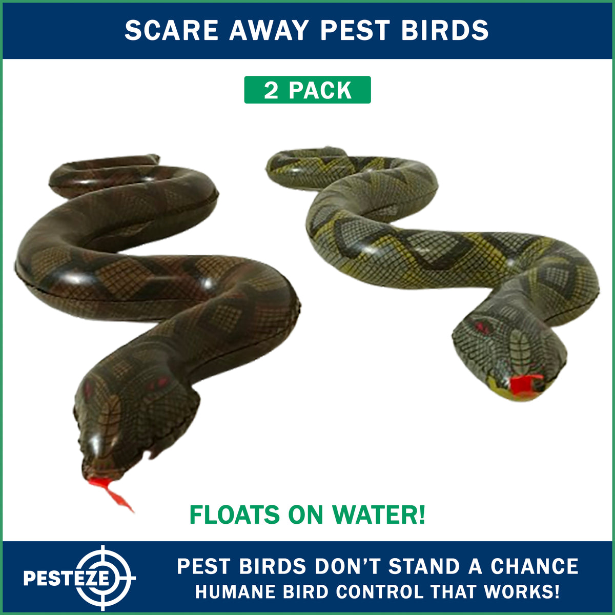 PESTEZE® USA Snake Decoy 2-Pack – Realistic 39" Inflatable Snake in Grey & Green Help Deter Birds, Squirrels & Outdoor Pests from Pool, Garden, Lawns & Yards; Lightweight Fake Reptile for Safe Property