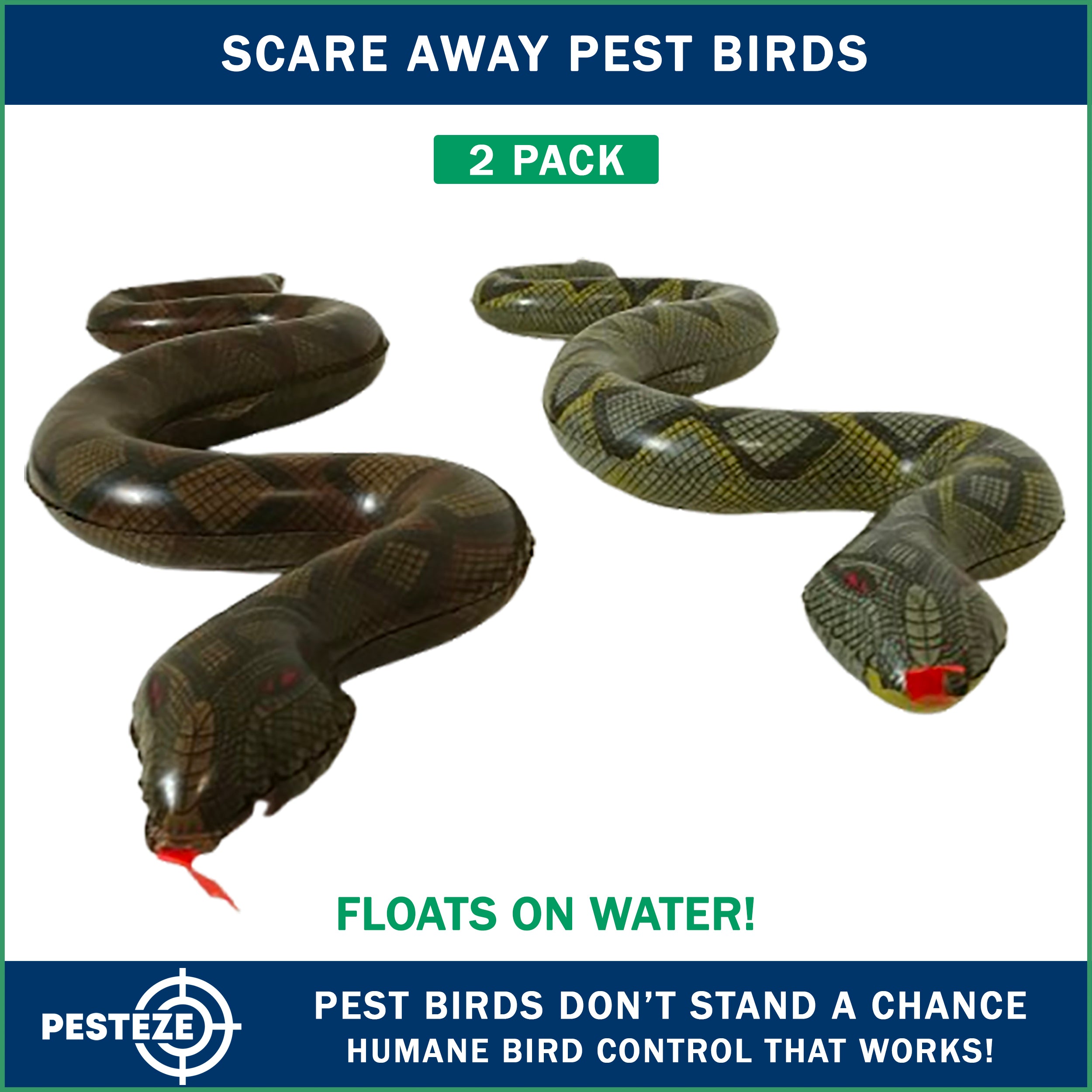 PESTEZE® Brown & Green 39 Inch Realistic Inflatable Snakes [2 Pack] Scares Pest Birds  like Woodpeckers, Sparrows, Pigeons, Crows, Gulls & Critters from Pools & Yards without Harming them to Protect Property