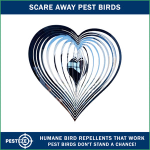 PESTEZE® Large Heart Stainless Steel Highly Reflective Decorative 3D Wind Spinner for Repelling Unwanted Birds & Critters. 12 x 14 Inch Premium Shiny, Beautiful & Long Lasting Bird Repellent.