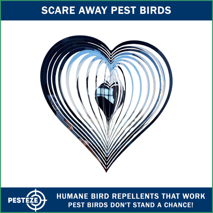 PESTEZE® Large Heart Stainless Steel Highly Reflective Decorative 3D Wind Spinner for Repelling Unwanted Birds & Critters. 12 x 14 Inch Premium Shiny, Beautiful & Long Lasting Bird Repellent.