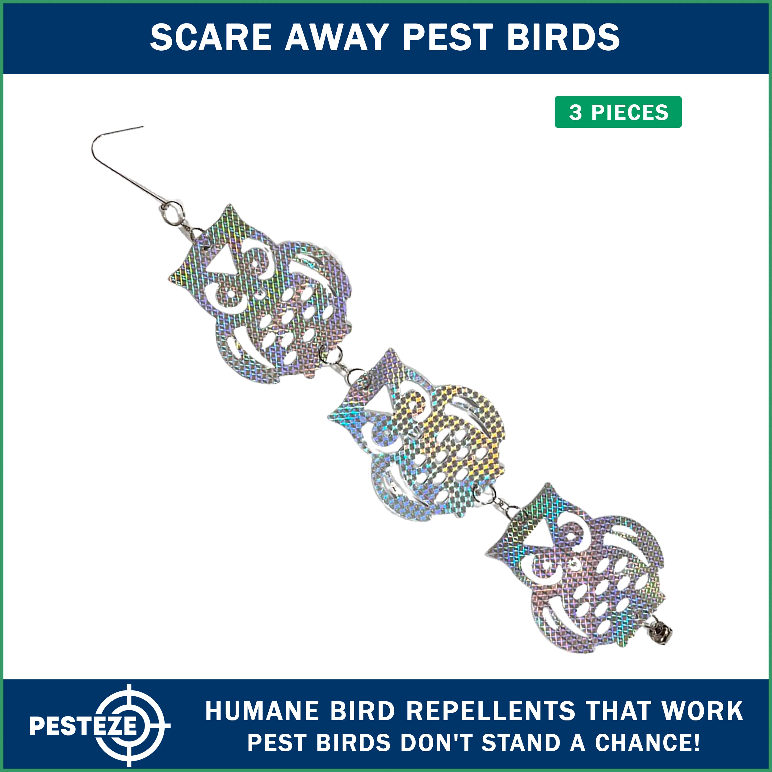 3 Piece PESTEZE® Shiny Holographic Owl Bird Repellents [5 x 24 inch] Reflection Scares Pest Birds like Woodpeckers, Sparrows, Pigeons, Crows & Gulls without Harming them to Protect Property