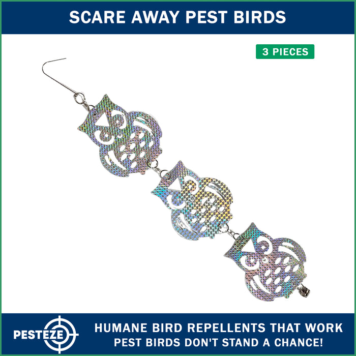 3 Piece PESTEZE® Shiny Holographic Owl Bird Repellents [5 x 24 inch] Reflection Scares Pest Birds like Woodpeckers, Sparrows, Pigeons, Crows & Gulls without Harming them to Protect Property