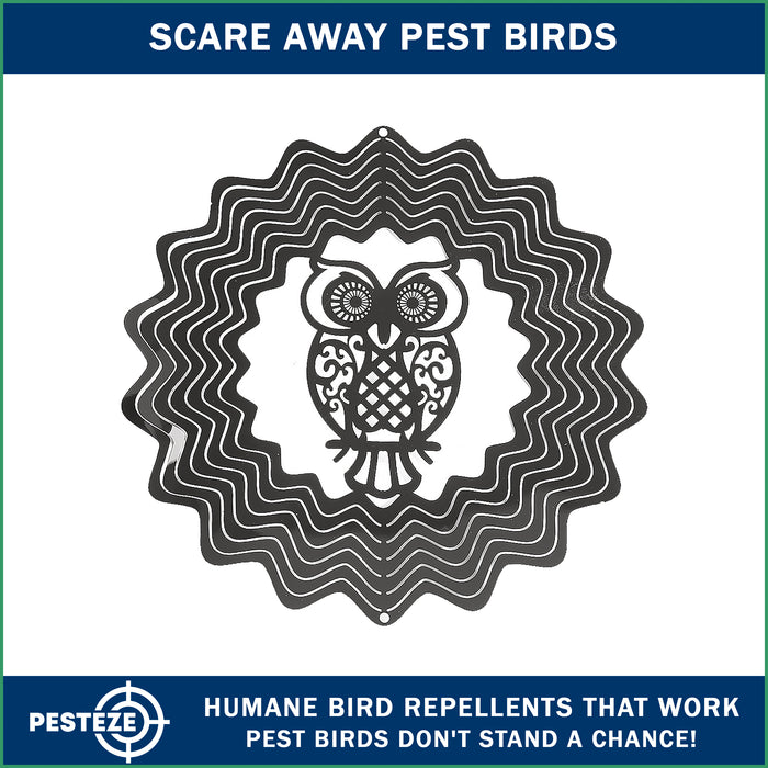 PESTEZE® Owl Stainless Steel Highly Reflective Decorative 3D Wind Spinner for Scaring Unwanted Pest Birds & Critters. 6 x 9 Inch Premium Shiny, Attractive, Sturdy, Everlasting & Humane Bird Control