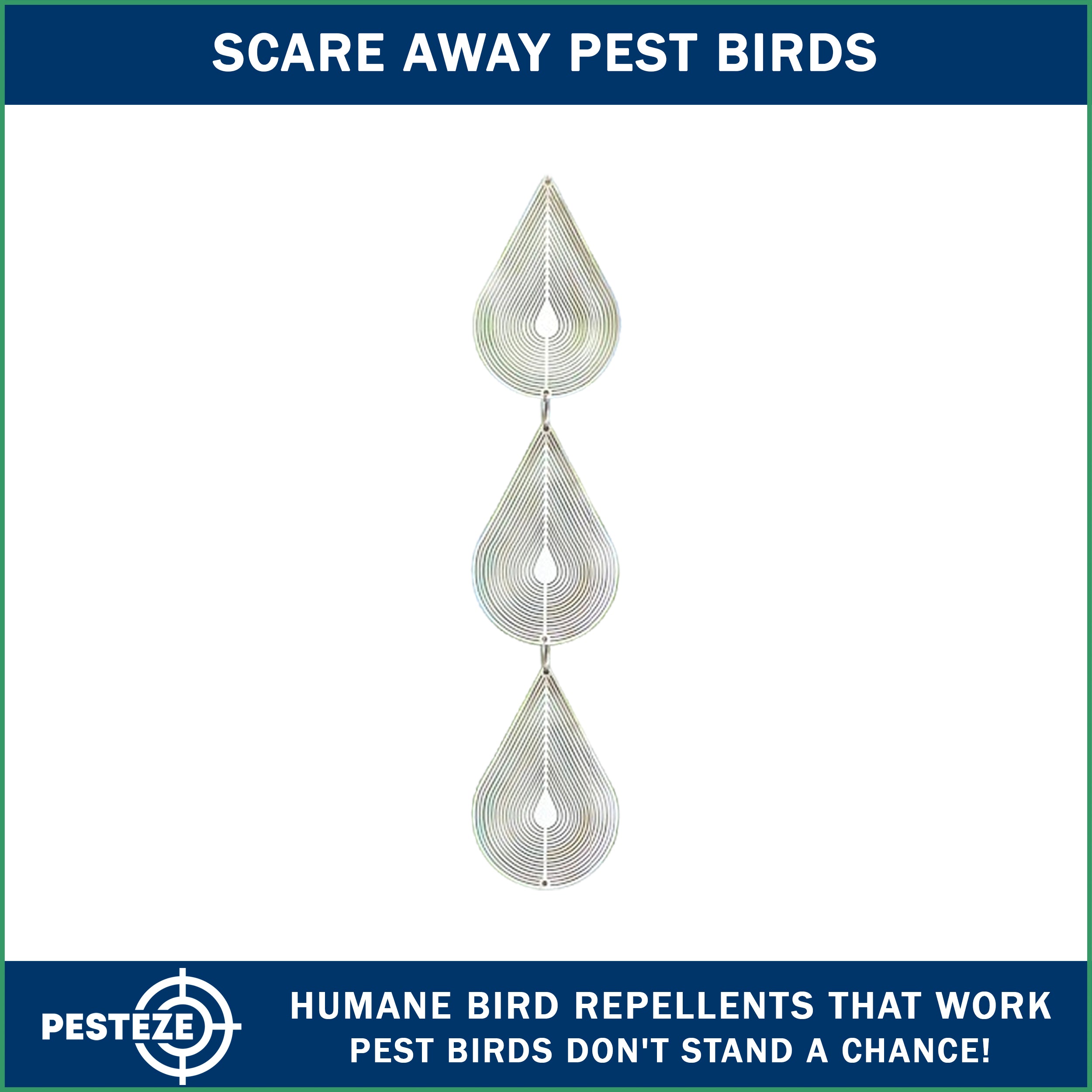 3 Piece PESTEZE® Water Droplet Stainless Steel Highly Reflective Decorative 3D Wind Spinner for Repelling Unwanted Birds & Critters. 2.5 X 12.5 Inch Premium Shiny, Attractive, Everlasting & Sturdy Bird Deterrent