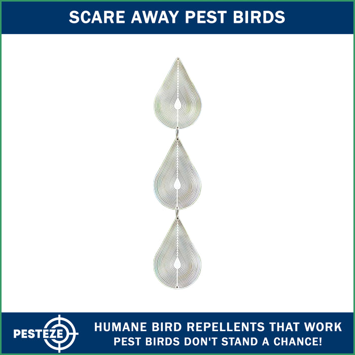 3 Piece PESTEZE® Water Droplet Stainless Steel Highly Reflective Decorative 3D Wind Spinner for Repelling Unwanted Birds & Critters. 2.5 X 12.5 Inch Premium Shiny, Attractive, Everlasting & Sturdy Bird Deterrent