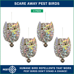 4 Pack PESTEZE® Holographic Shiny Owl Bird Repellents with Bell [3.5 x 5 inch] Reflection Scares Pest Birds like Woodpeckers, Sparrows, Pigeons, Crows & Gulls without Harming them to Protect Property