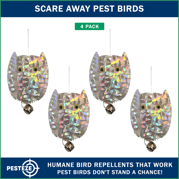 4 Pack PESTEZE® Holographic Shiny Owl Bird Repellents with Bell [3.5 x 5 inch] Reflection Scares Pest Birds like Woodpeckers, Sparrows, Pigeons, Crows & Gulls without Harming them to Protect Property