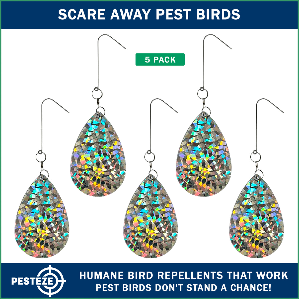 PESTEZE® USA Holographic Bird Deterrent Tape Strips, Reflective Bird Repellent Hanging Ribbon, 5 Pack 3.25 x 5 in, Scare Pigeons Crows Woodpeckers Away from Porch Patio Garden Roof Balcony Yard Decks
