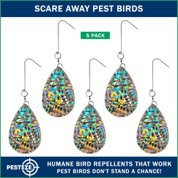 5 Pack PESTEZE® Shiny Water Droplet Repellents with Swivel & Hanger [3.25 x 5 inch] Reflection Scares Pest Birds like Woodpeckers, Sparrows, Pigeons, Crows & Gulls without Harming them to Protect Property