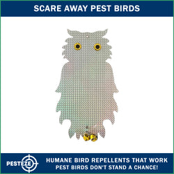 PESTEZE® Holographic Shiny Owl Bird Repellent with 2 Bells [8.25 x 15 inch] Sound & Reflection Deters Woodpeckers, Pigeons, Crows, Ducks, Geese & Critters from Yards without Harming them to Protect Property