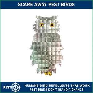 PESTEZE® Holographic Shiny Owl Bird Repellent with 2 Bells [8.25 x 15 inch] Sound & Reflection Deters Woodpeckers, Pigeons, Crows, Ducks, Geese & Critters from Yards without Harming them to Protect Property