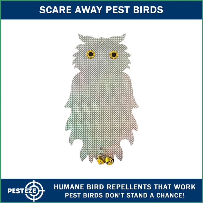 PESTEZE® Holographic Shiny Owl Bird Repellent with 2 Bells [8.25 x 15 inch] Sound & Reflection Deters Woodpeckers, Pigeons, Crows, Ducks, Geese & Critters from Yards without Harming them to Protect Property