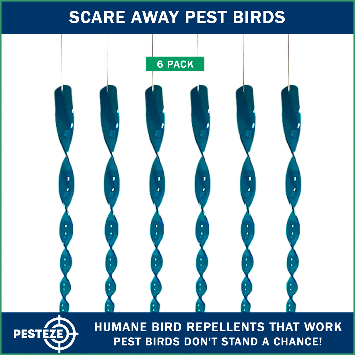 PESTEZE® USA Bird Scare Reflective Rods Bird Deterrent Outdoor Device for Birds Pigeons Crows Woodpeckers Sparrows Geese Reflective Spinners Bird Repellent for Patio Garden Roof Balcony [6 Pack Blue]