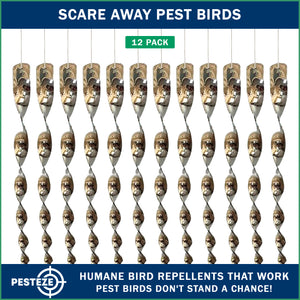 PESTEZE® 12" Bird Scare Silver Shiny Reflective Rods for Outdoors [12 Pack Silver] Repels Pest Birds like Woodpeckers, Sparrows, Pigeons, Crows, Geese & Gulls without Harming them to Protect Property