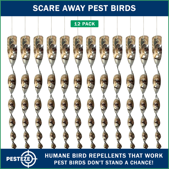 PESTEZE® 12" Bird Scare Silver Shiny Reflective Rods for Outdoors [12 Pack Silver] Repels Pest Birds like Woodpeckers, Sparrows, Pigeons, Crows, Geese & Gulls without Harming them to Protect Property