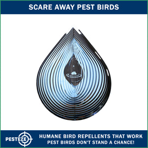 PESTEZE® Large Water Droplet Stainless Steel Highly Reflective Decorative 3D Wind Spinner for Repelling Unwanted Birds & Critters. 9 x 15 Inch Premium Shiny, Beautiful, Long Lasting & Durable Bird Repellent.