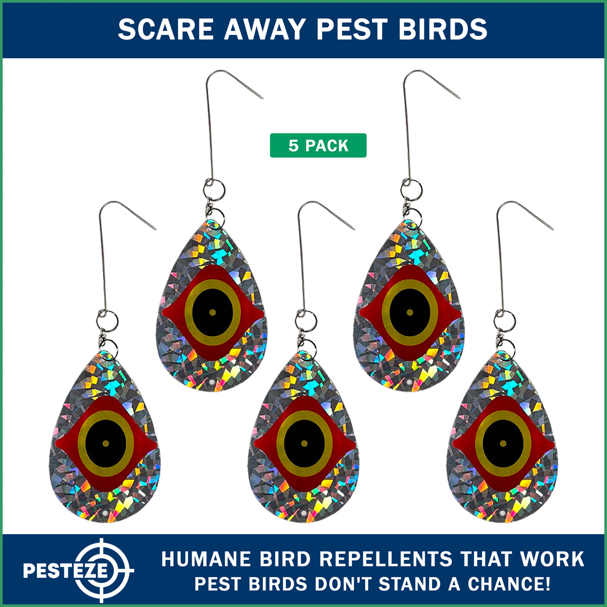 PESTEZE® USA Bird Deterrent Reflective Predator Eye Water Droplet Repellent Hanging with Swivel & Hanger 5 Pack 3.25 x 5. inch Shiny Wind Device Keep Birds Away Outdoor Porch Gardens Patios