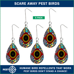 5 Pack PESTEZE® Shiny Predator Eye Water Droplet Repellents With Swivel & Hanger [3.25 x 5 inch] Reflection Scares Pest Birds like Woodpeckers, Sparrows, Pigeons, Crows & Gulls without Harming them to Protect Property