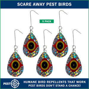 5 Pack PESTEZE® Shiny Scare Eye Water Droplet Repellents With Swivel & Hanger [3.25 x 5 inch] Reflection Scares Pest Birds like Woodpeckers, Sparrows, Pigeons, Crows & Gulls without Harming them to Protect Property