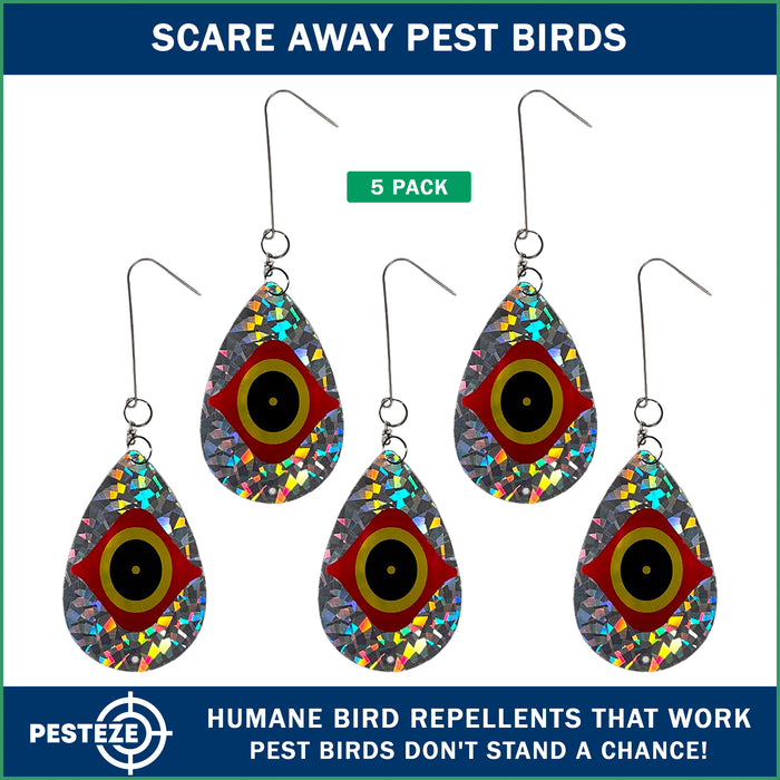 5 Pack PESTEZE® Shiny Scare Eye Water Droplet Repellents With Swivel & Hanger [3.25 x 5 inch] Reflection Scares Pest Birds like Woodpeckers, Sparrows, Pigeons, Crows & Gulls without Harming them to Protect Property