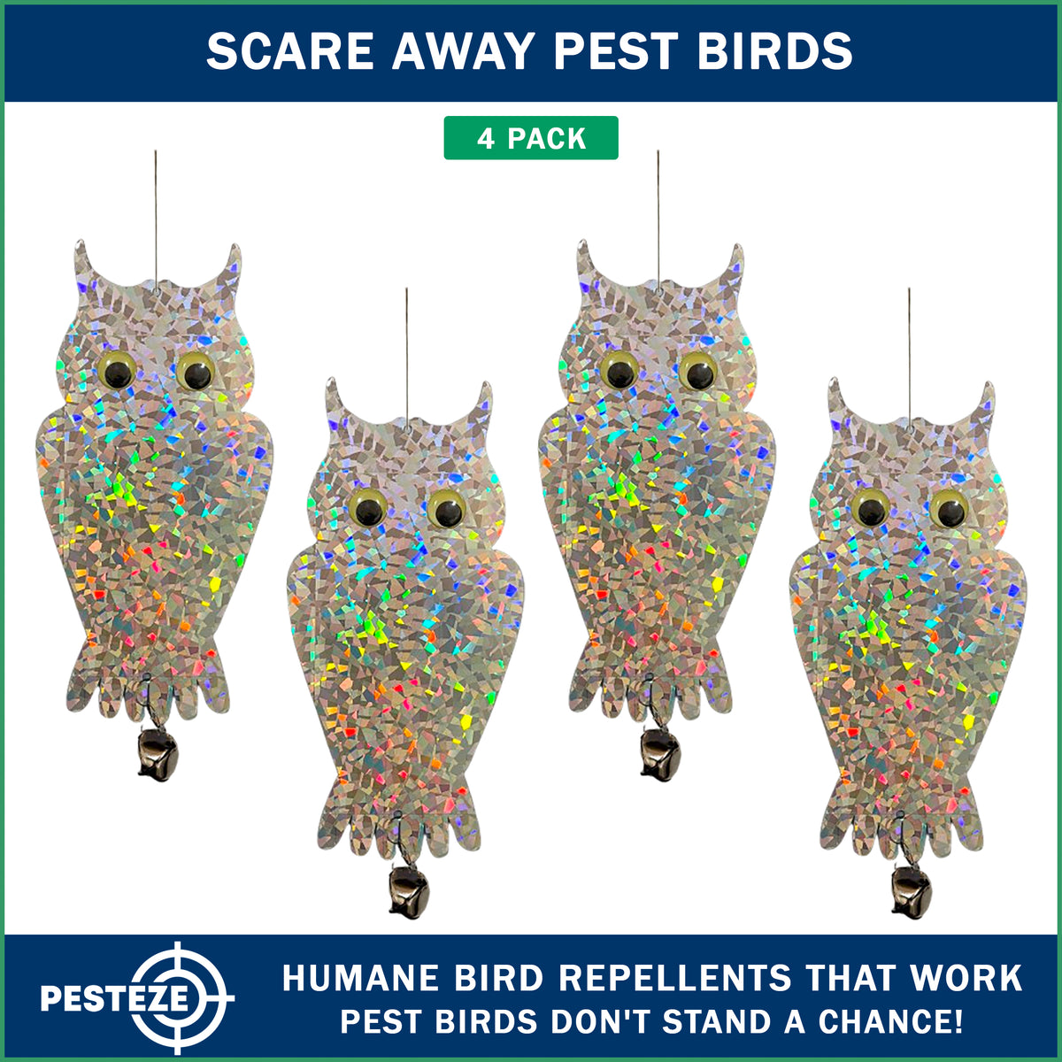 PESTEZE® USA Owl Bird Deterrent Reflective Hanging Decoy Repellent with Bell, 4 Pack 6 x 13.5 in Shiny Scare Device Keep Birds Away Outdoor Porch Garden Yard Patio Protect Property