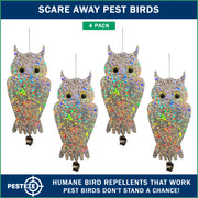 PESTEZE® USA Owl Bird Deterrent Reflective Hanging Decoy Repellent with Bell, 4 Pack 6 x 13.5 in Shiny Scare Device Keep Birds Away Outdoor Porch Garden Yard Patio Protect Property