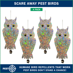 4 Pack PESTEZE® Shiny Holographic Owl Bird Repellent with Bell & Swivel [6 x 13.5 inch] Reflection Scares Pest Birds like Woodpeckers, Sparrows, Pigeons, Crows & Gulls without Harming them to Protect Property