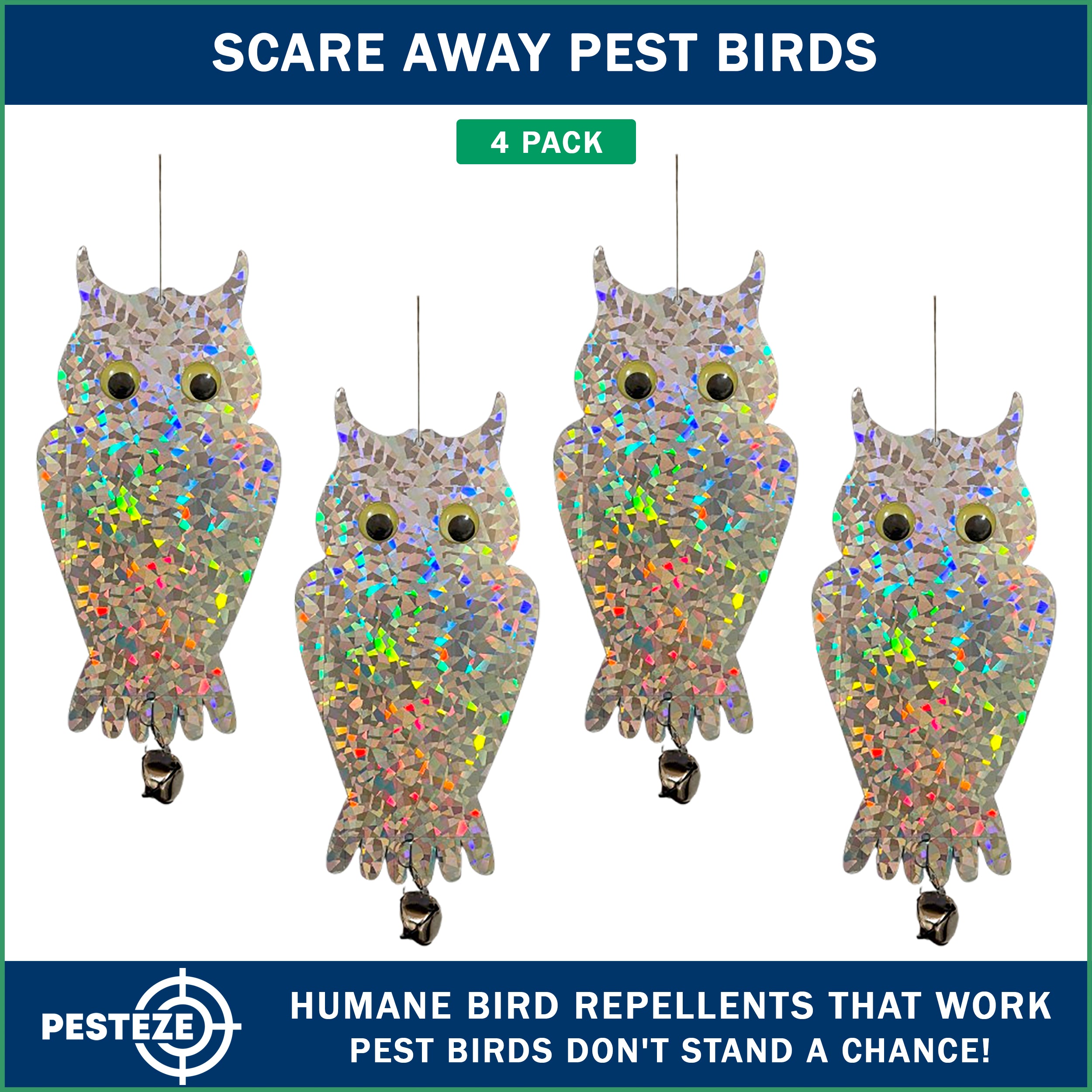4 Pack PESTEZE® Shiny Holographic Owl Bird Repellent with Bell & Swivel [6 x 13.5 inch] Reflection Scares Pest Birds like Woodpeckers, Sparrows, Pigeons, Crows & Gulls without Harming them to Protect Property