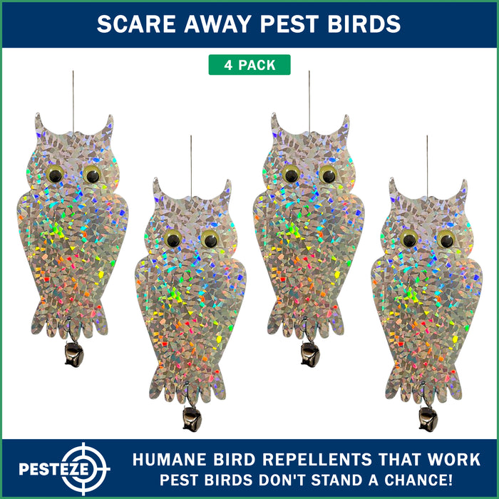 4 Pack PESTEZE® Shiny Holographic Owl Bird Repellent with Bell & Swivel [6 x 13.5 inch] Reflection Scares Pest Birds like Woodpeckers, Sparrows, Pigeons, Crows & Gulls without Harming them to Protect Property